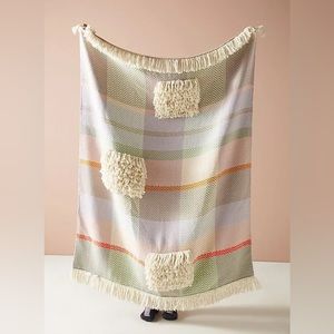 Anthropologie Hermine Van Dijck Tufted Green Beige Fringe Throw Blanket